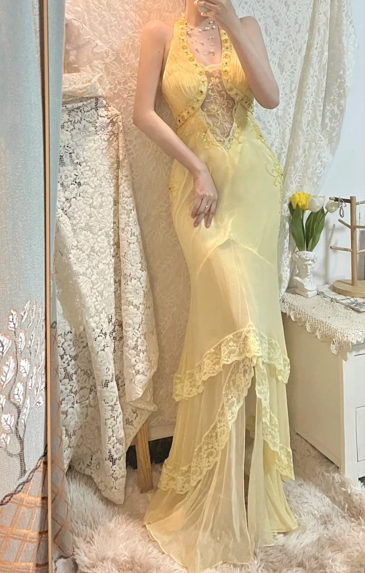 Gelbes, perlenbesetztes, elegantes, langes Chiffon-Ballkleid, Abendkleid, Partykleid gh4467