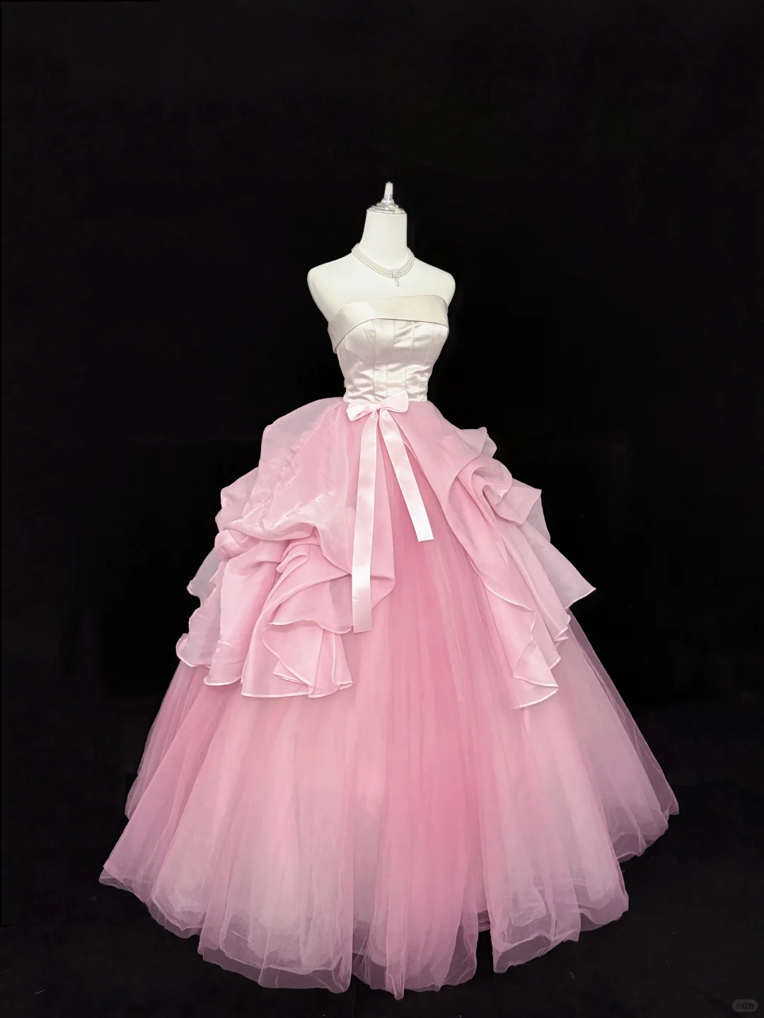 Blush Pink Satin Strapless Cinched Waist Dress with Contrast Pink Voluminous Skirt, Long Romantic Gown, Wedding Dress gh7917