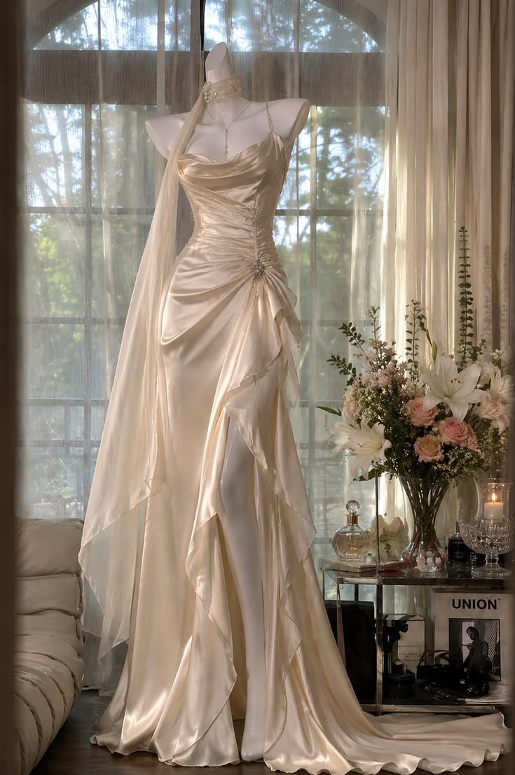 White Spaghetti Straps Waist-Cinched Fitted Elegant Slit Skirt Prom Dress, Evening Gown gh7295