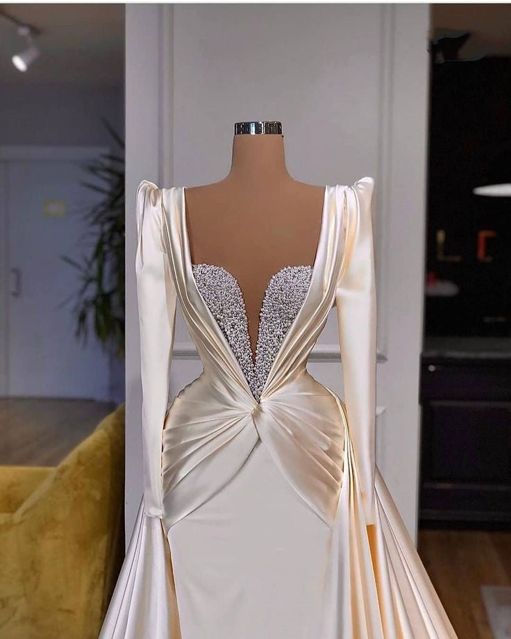 Mermaid Evening Dresses Satin Off The Shoulder Beaded Train Formal Gowns gh2176