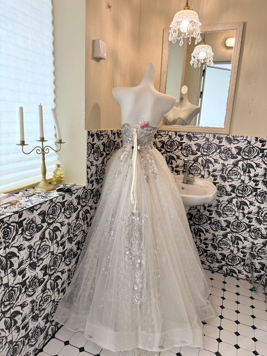 Ivory Gown With Silver Decorations, Waist-Cinched Full Flared Skirt Romantic Dress, Wedding Gown gh7654