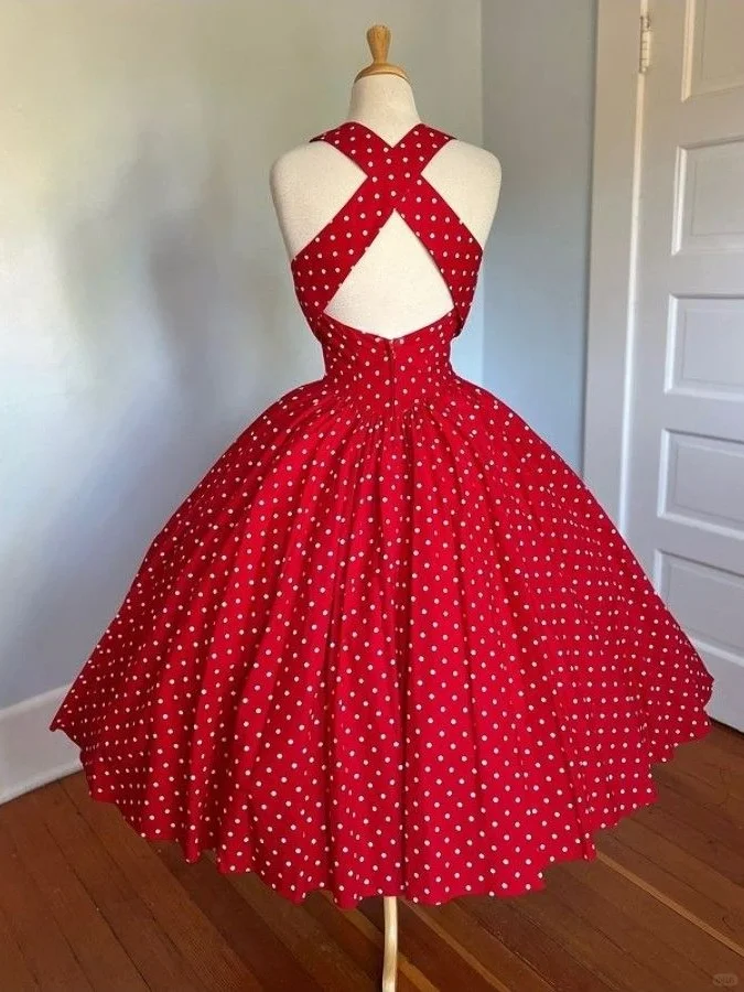 Red White Polka Dot 1950s Vintage Midi Dress, Square Neck Halter Strap Sleeveless High Waist Gathered Full Swing Skirt Cocktail Gown gh9090