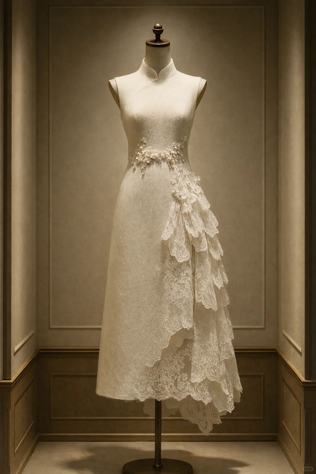 ✨Girlhomeshops-Ivory Sleeveless Qipao Bridal Dress with Asymmetric Lace Ruffle & 3D Flower gh10517