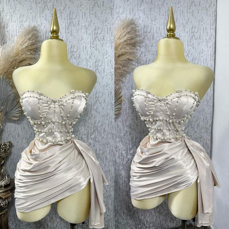 Robe de bal courte en satin rose champagne avec perles, robe d'anniversaire gh4932
