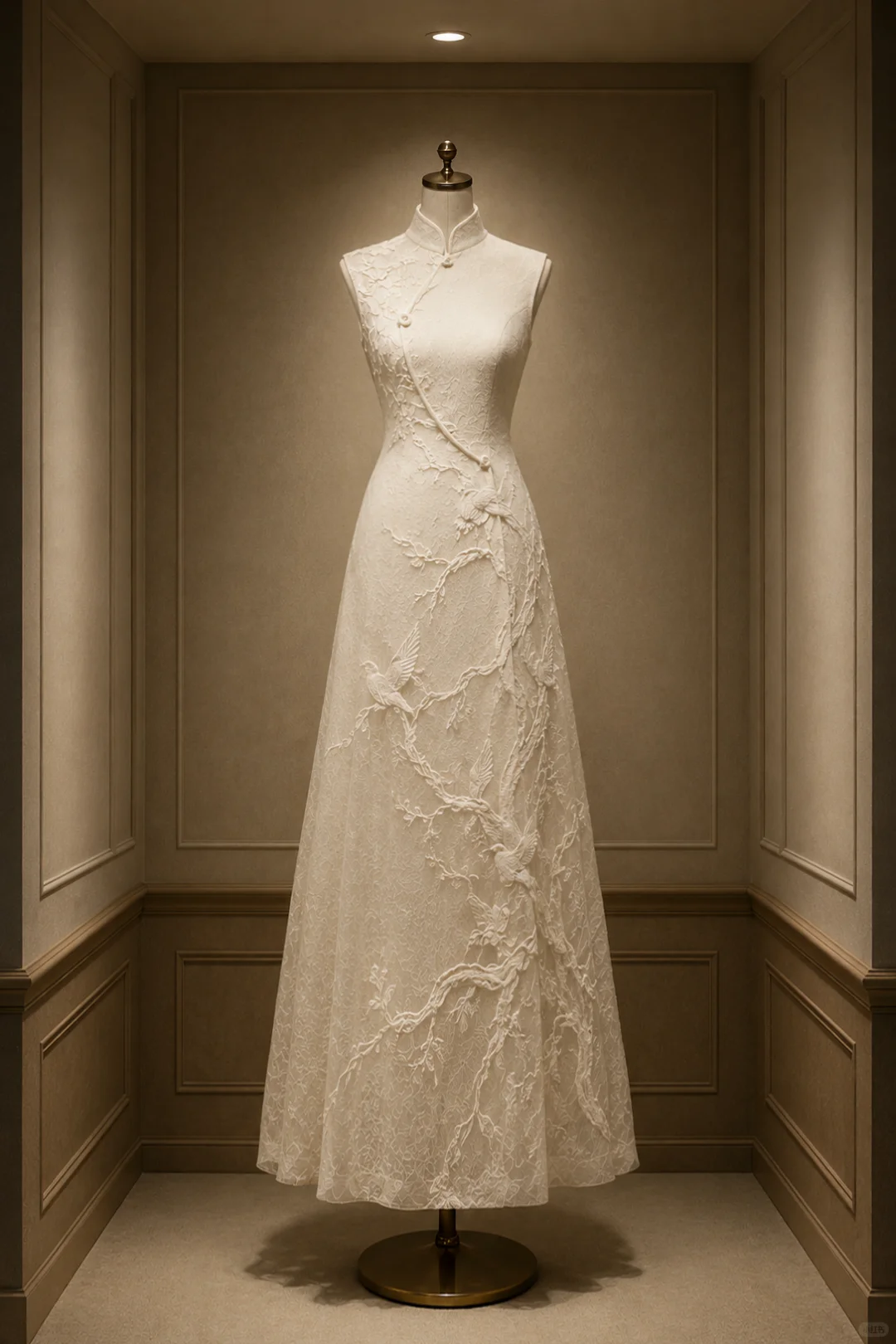 ✨Girlhomeshops-Ivory Bird and Branch 3D Lace Sleeveless A-line Qipao Cheongsam gh10401