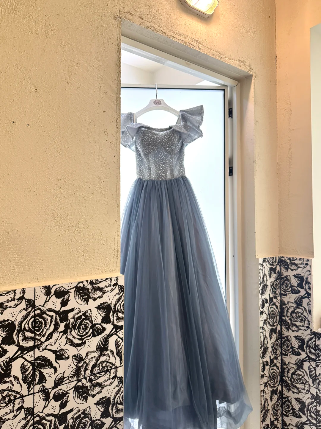 Light Gray Blue Off-Shoulder Waist-Cinched Full Flared Long Romantic Dress, Wedding Gown gh7505