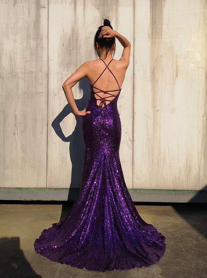 Lila glänzendes modisches trägerloses langes elegantes Pailletten-Bodenlang-Ballkleid-Abendkleid-Partykleid gh3235