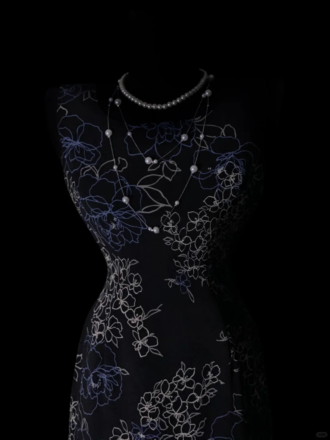 Black Evening Gown With Blue‑White Line Floral Print, Sleeveless Round Neck, Fitted Waist, Midi Mermaid Ruffled Hem, Vintage Formal Prom Party Dress gh8894