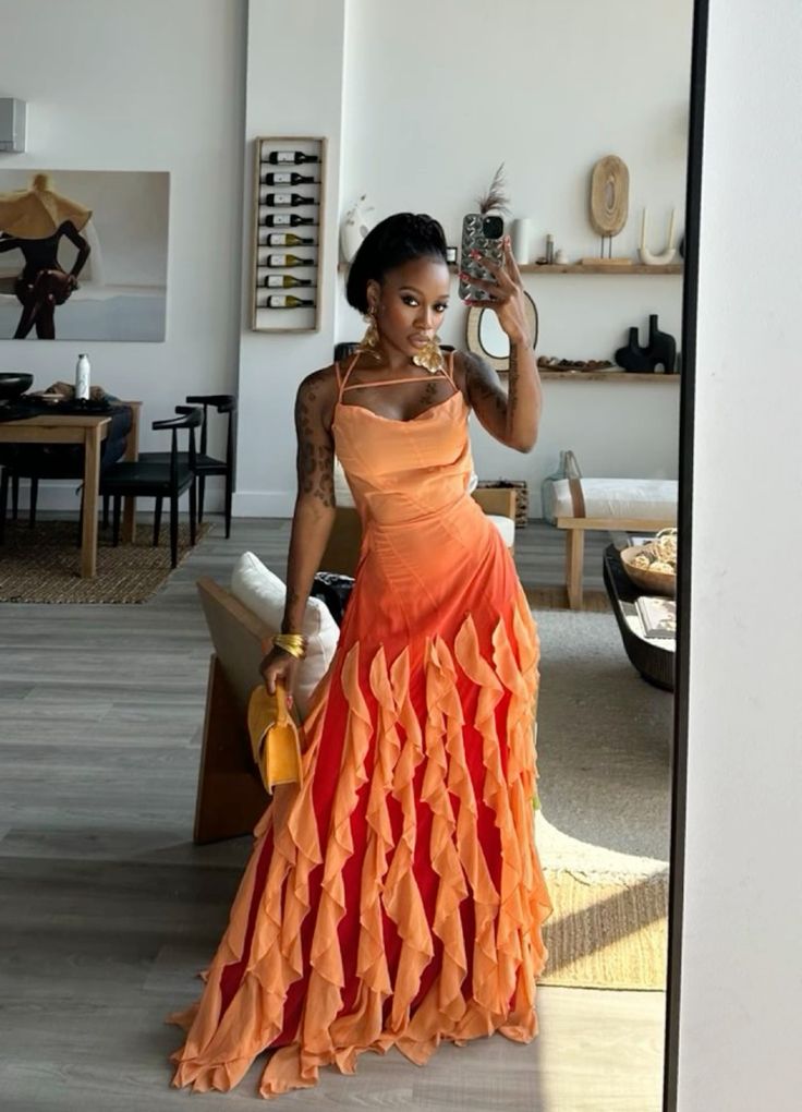 Rosa/Orange/Grün Gradient Spaghetti-trägern Mode Elegante Lange Rüschen Chiffon Ballkleid Abendkleid Party Kleid gh3252