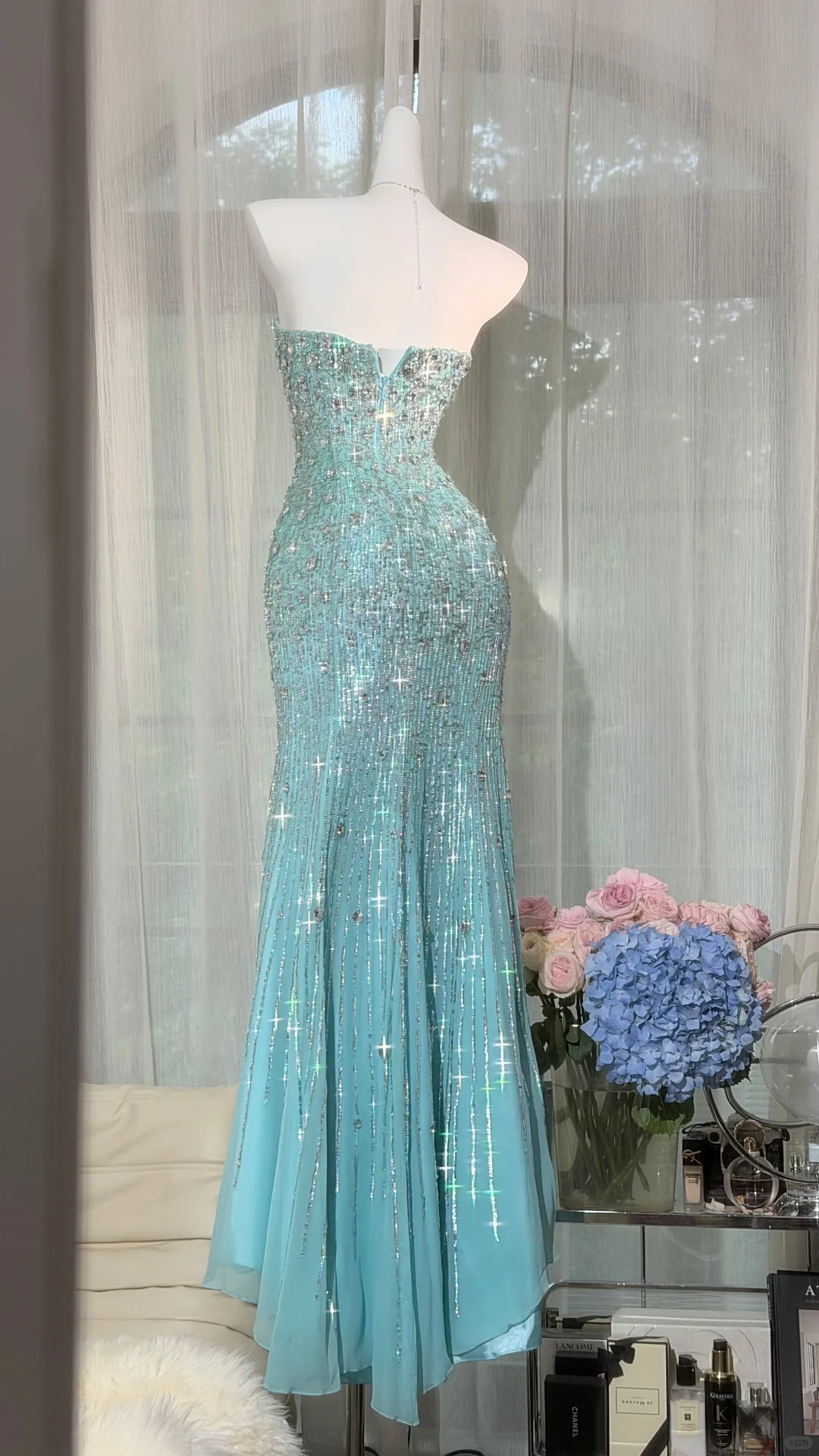 Turquoise Strapless Sweetheart Fully Beaded Gradient Mermaid Evening Dress, Prom Gown gh9511