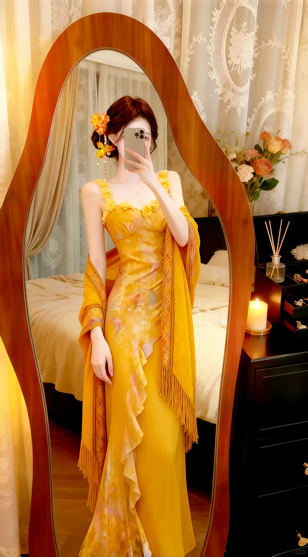 Golden Yellow Spaghetti Straps Evening Gown, Floral Print Mermaid Dress With Tassel Knit Shawl Prom Dress gh9135