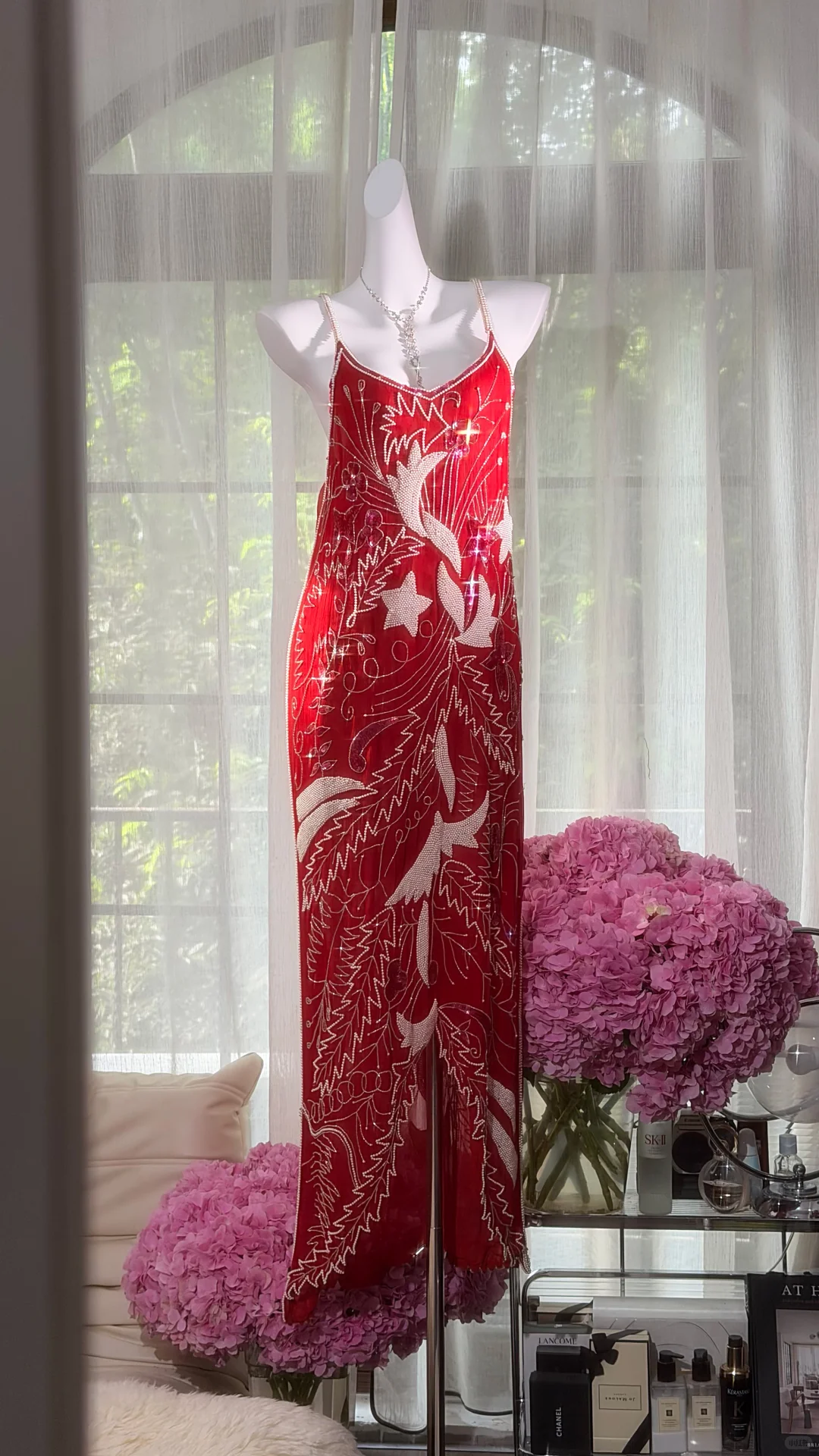 Red Heavy Beaded Sequin Maxi Evening Dress, V Neck Thin Strap Vintage Gatsby Formal Gown, High Slit Embroidered Party Prom Dress gh9490