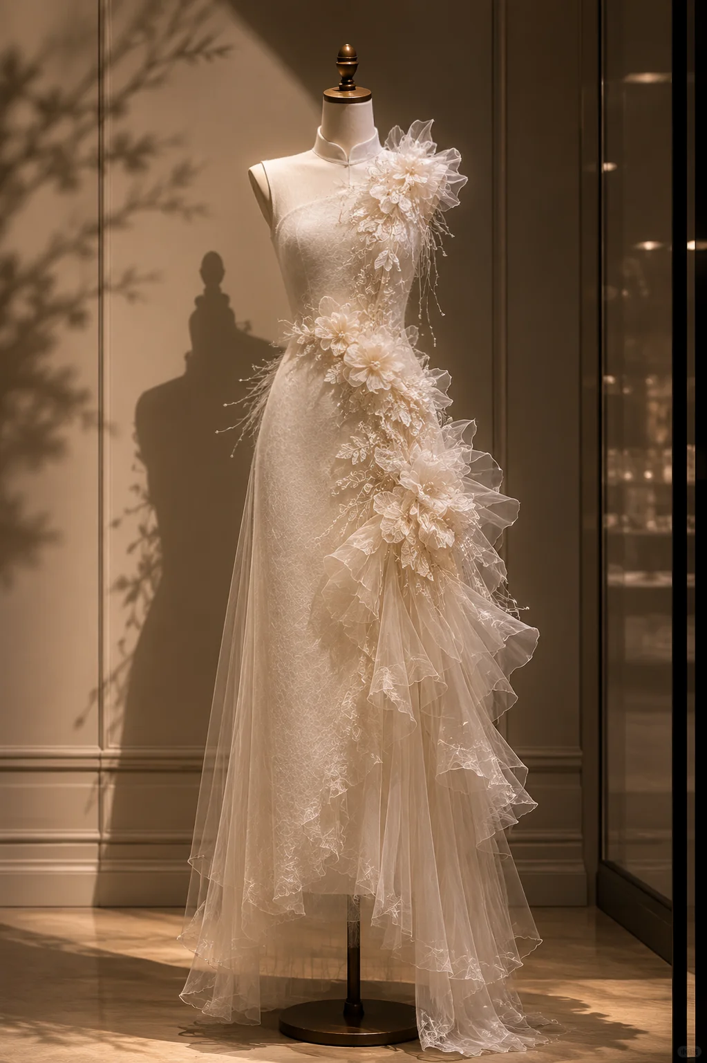 ✨Girlhomeshops-Chinese Mermaid Qipao Bridal Gown with Cascading 3D Organza Flowers gh10356