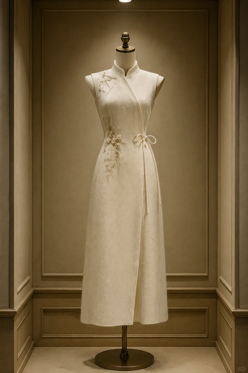 ✨Girlhomeshops-Wrap Front Pearl Floral Tie Waist Ivory Qipao Cheongsam Midi Dress gh10484