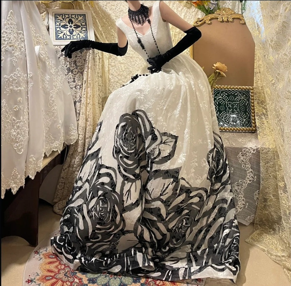 ♣️Blooming black roses gorgeous retro dark night rose dress Hepburn-feel long tulle ball gown evening dress gh4338