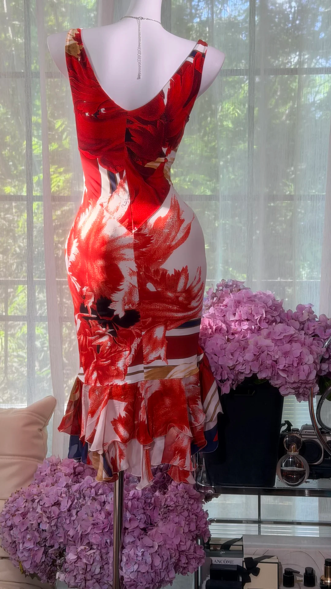 Red Floral Print Chiffon Midi Dress, Deep V Tie Front Spaghetti Strap Bodycon Mermaid Evening Gown, Vintage Painting Style Wedding Guest Party Dress gh9489