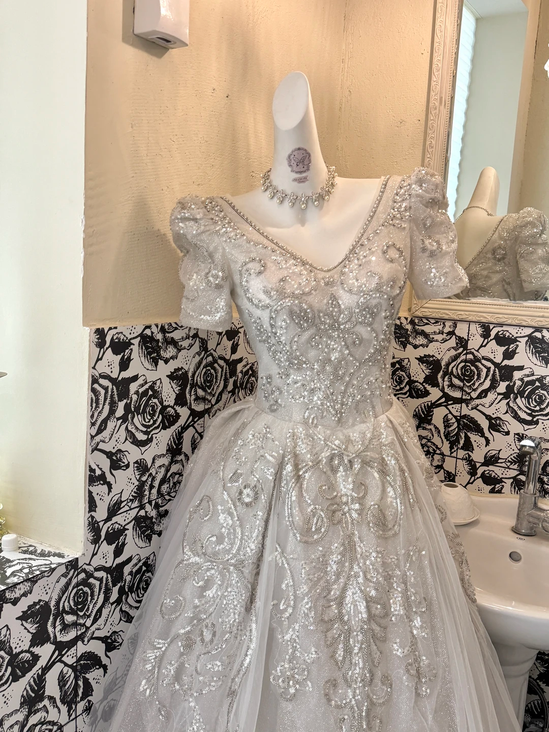 Silver Gray Beaded V-Neck Waist-Cinched Full Flared Skirt Classic Elegant Romantic Dress, Wedding Gown gh7638