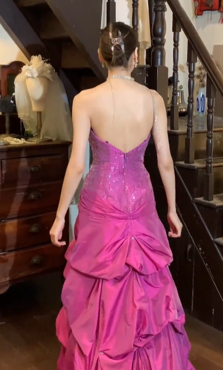 Fuchsia Strapless All Over Sequin Ruched Tiered Mermaid Long Evening Prom Dress gh9782