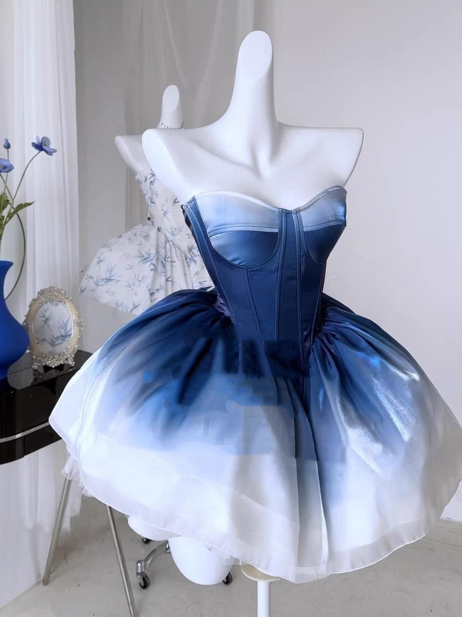 Blaues, modisches, kurzärmliges Tüllkleid mit Farbverlauf und Rüschen, Ballkleid, Geburtstagspartykleid, gh4917