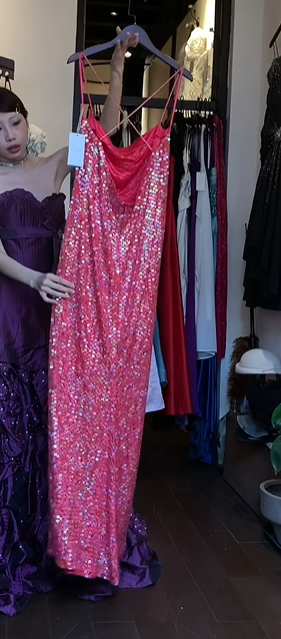 Hot Pink Spaghetti Straps Cowl Neck Fully Sequin Cross Back Long Evening Prom Dress gh9764
