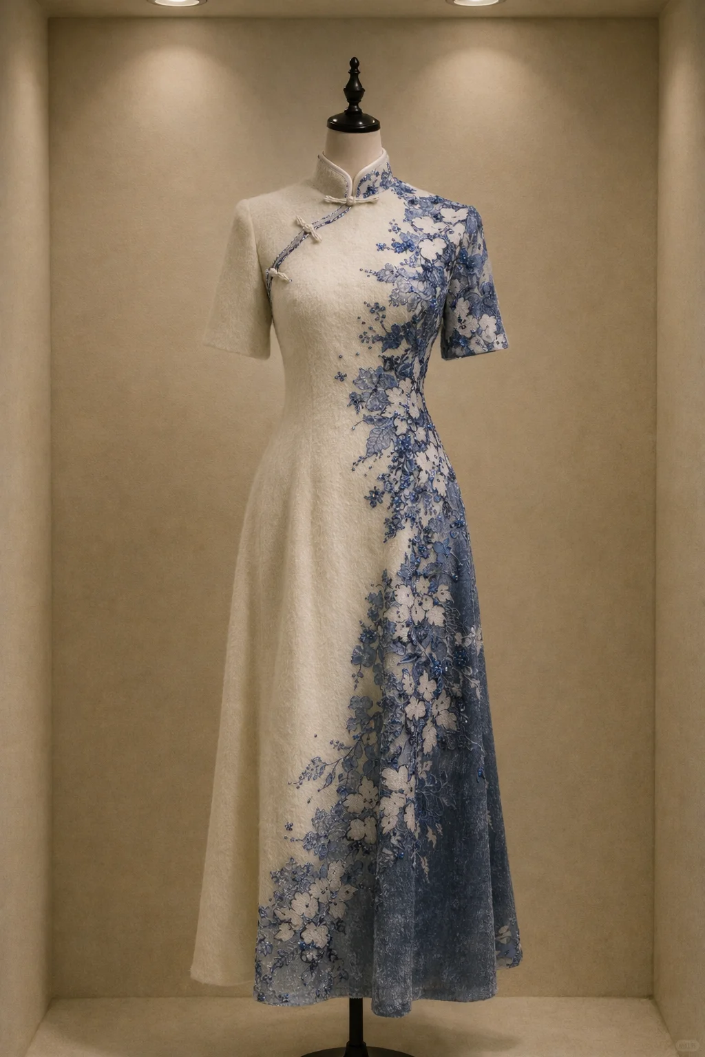 ✨Girlhomeshops-Gradient Blue White Short Sleeve Qipao Midi Dress with Floral Beaded Embroidery gh10528