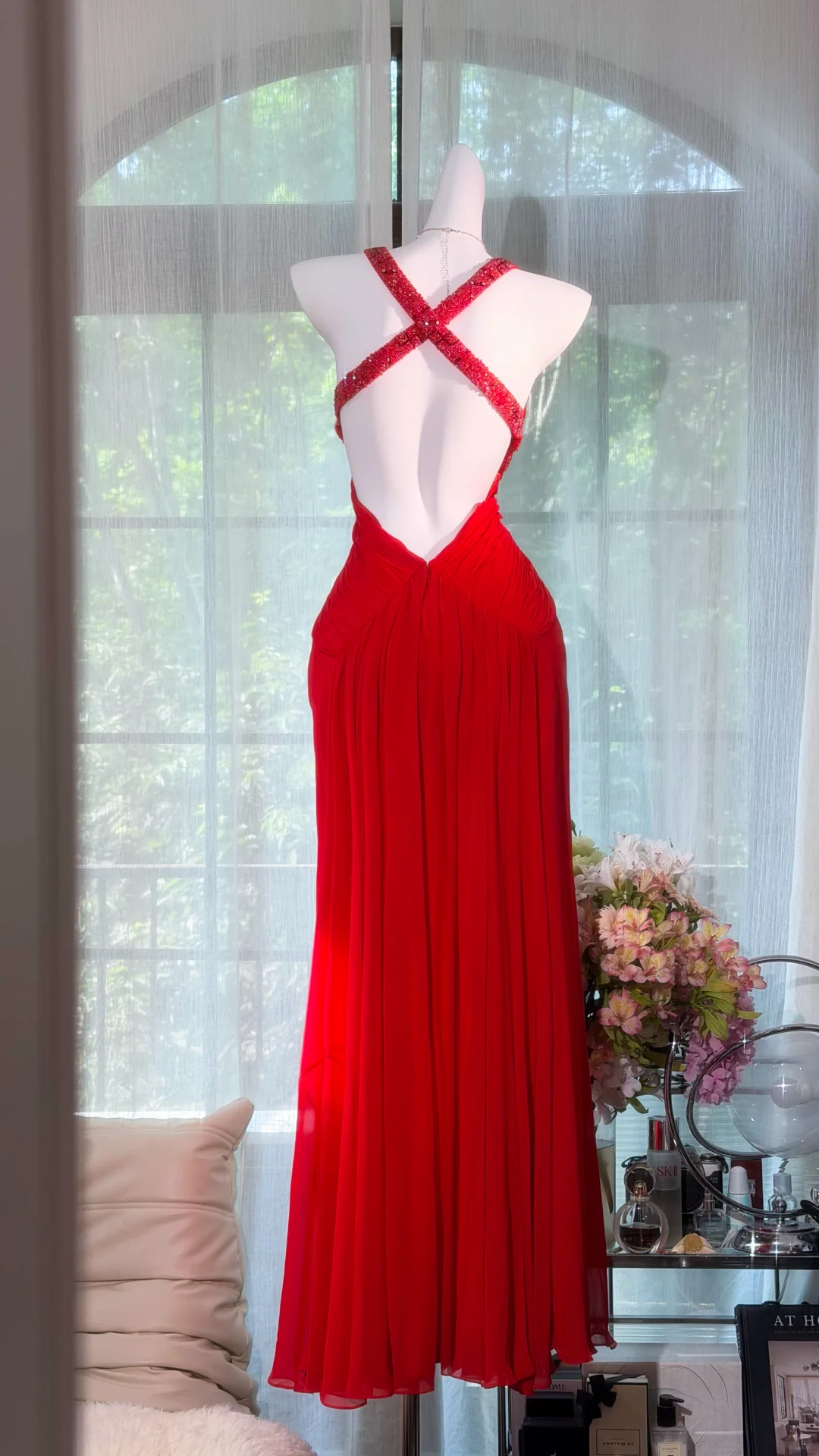 Bright Red Chiffon Long Evening Gown, V Neck Ruched Bodice with Rhinestone Wide Straps, Flowy Maxi Formal Prom Dress gh9493