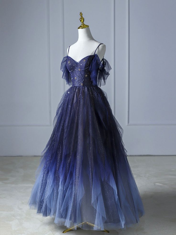 Blaues, wunderschönes, glänzendes Perlen-Spaghettiträger-Tüll-Abendkleid mit Farbverlauf und langen Ärmeln gh2580
