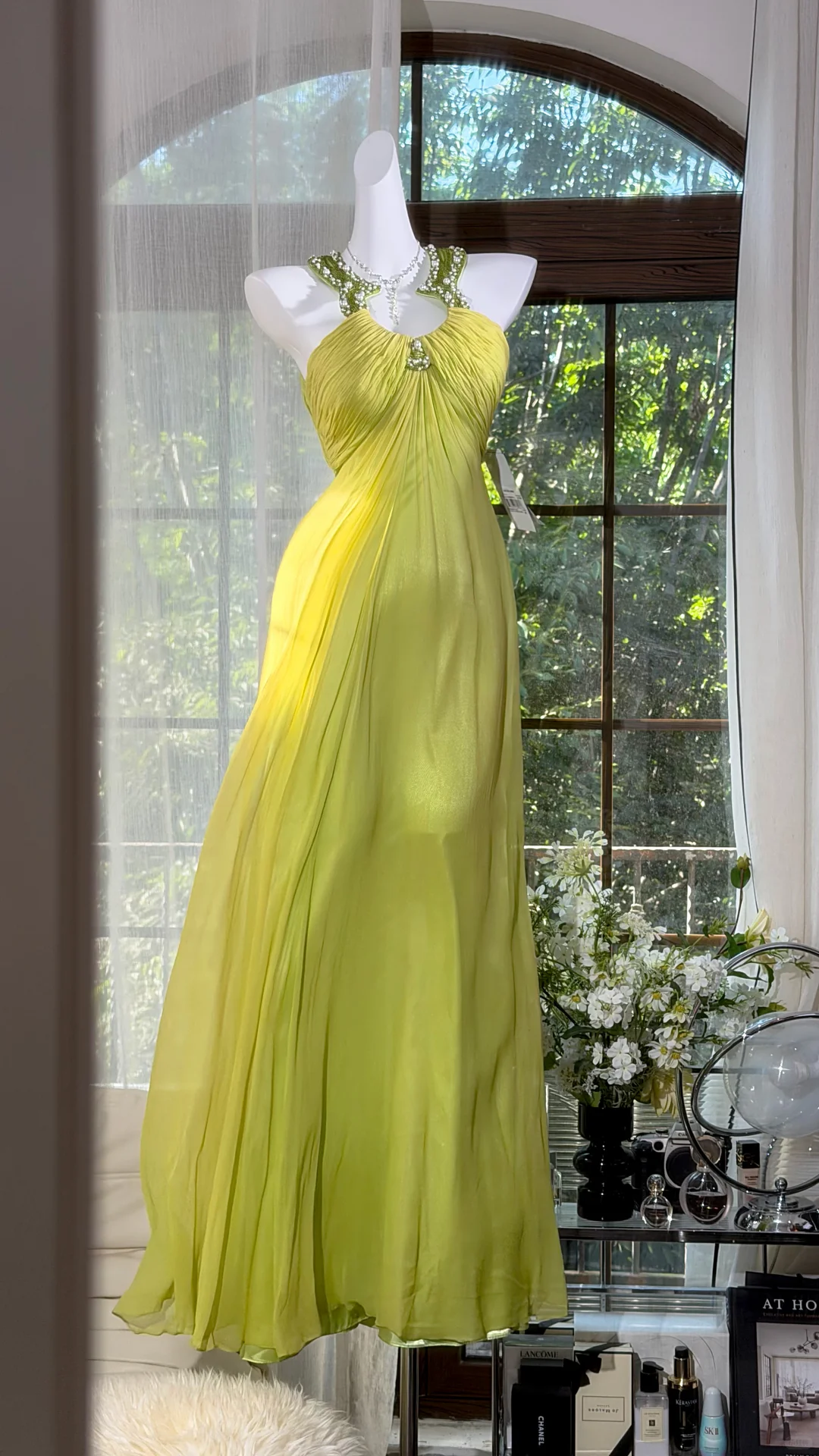 Lime Green Halter Rhinestone Pleated Chiffon Long Evening Dress, A-Line Flowy Prom Gown gh9507