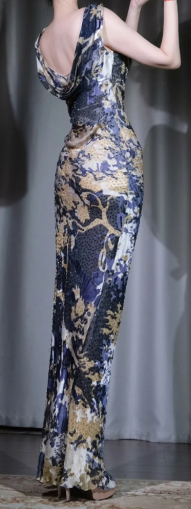 U Neck Cowl Sleeveless Mermaid Evening Dress, Blue Gold Oil Painting Print Full Sequin Formal Gown gh9901