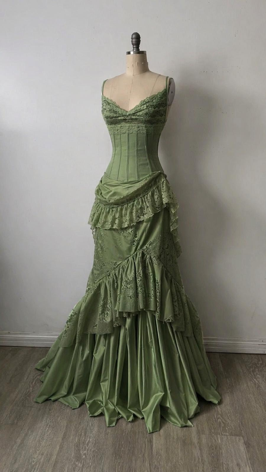 ✨Girlhomeshops-Olive Green Spaghetti Strap Corset Prom Dress, Lace Tiered Ruffle Mermaid Evening Gown gh10209