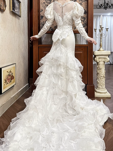 Ivory Vintage Satin Mermaid Wedding Prom Dress, Sheer Illusion Sweetheart, Leg‑of‑Mutton Puff Sleeves, Floral Lace Appliqués, Multi‑Tier Ruffled Cake Train gh8689