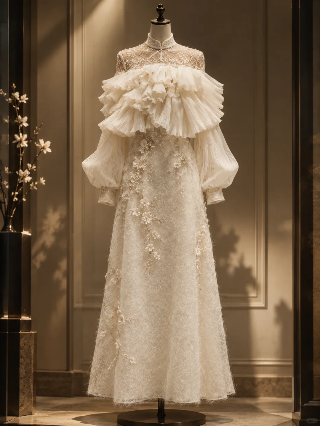 ✨Girlhomeshops-Romantic Ivory Illusion Neck Ruffle Lace Bridal Evening Gown gh10327