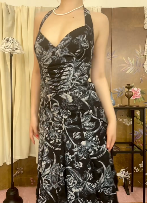 Black Base Grey Ink Floral Halter Fitted Waist Slim Elegant Prom Gown, Evening Party Dress gh8403