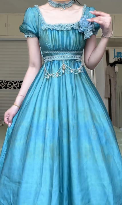 Teal Ombre Vintage Lolita Ball Gown, Square Neck Puff Short Sleeve Lace Waist With Pearl Chain Ruffle Hem Tulle Formal Party Dress gh8966
