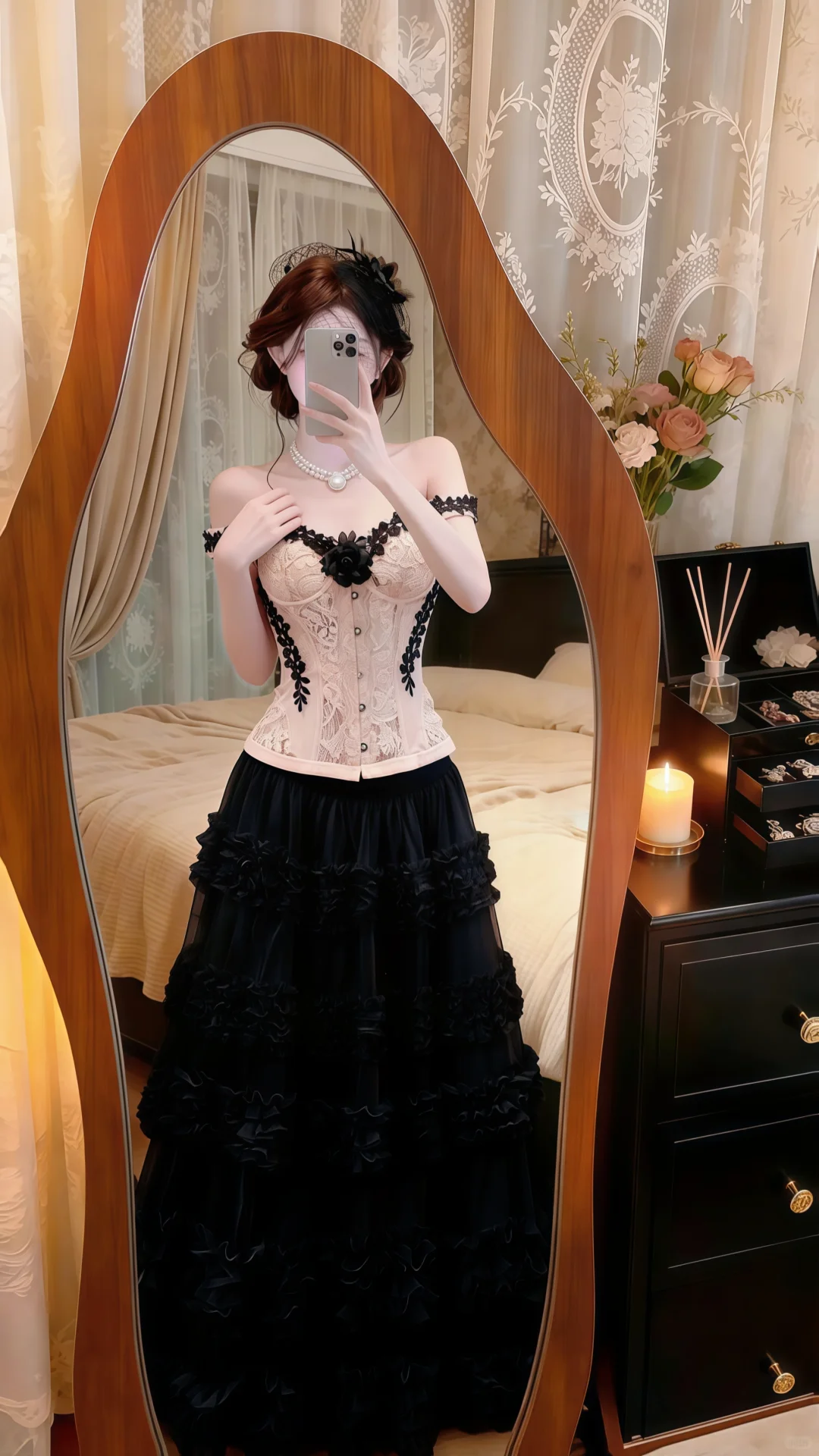 Black‑Apricot 2‑Piece Evening Gown, Off‑Shoulder Lace Corset Top Tiered Ruffle Tulle Skirt Prom Dress gh9138