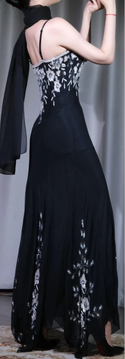 Spaghetti Strap Black Mermaid Evening Dress, Silver Flower Beaded Gown with Chiffon Shawl gh9903