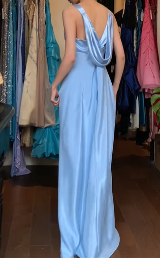 Light Blue Satin Prom Dress Cowl Neck Rhinestone Straps Column Long Evening Gown Bridesmaid Dress gh9623