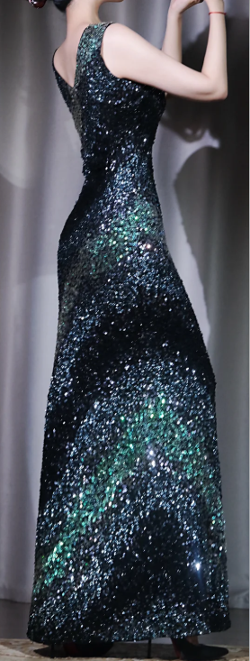 ✨Girlhomeshops-Dark Green Iridescent Sequin Prom Gown Sleeveless V Neck Mermaid Evening Dress gh10074