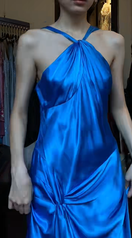 Royal Blue Halter Satin Prom Dress Twist Knot Waist Long Draped Formal Evening Gown gh9842