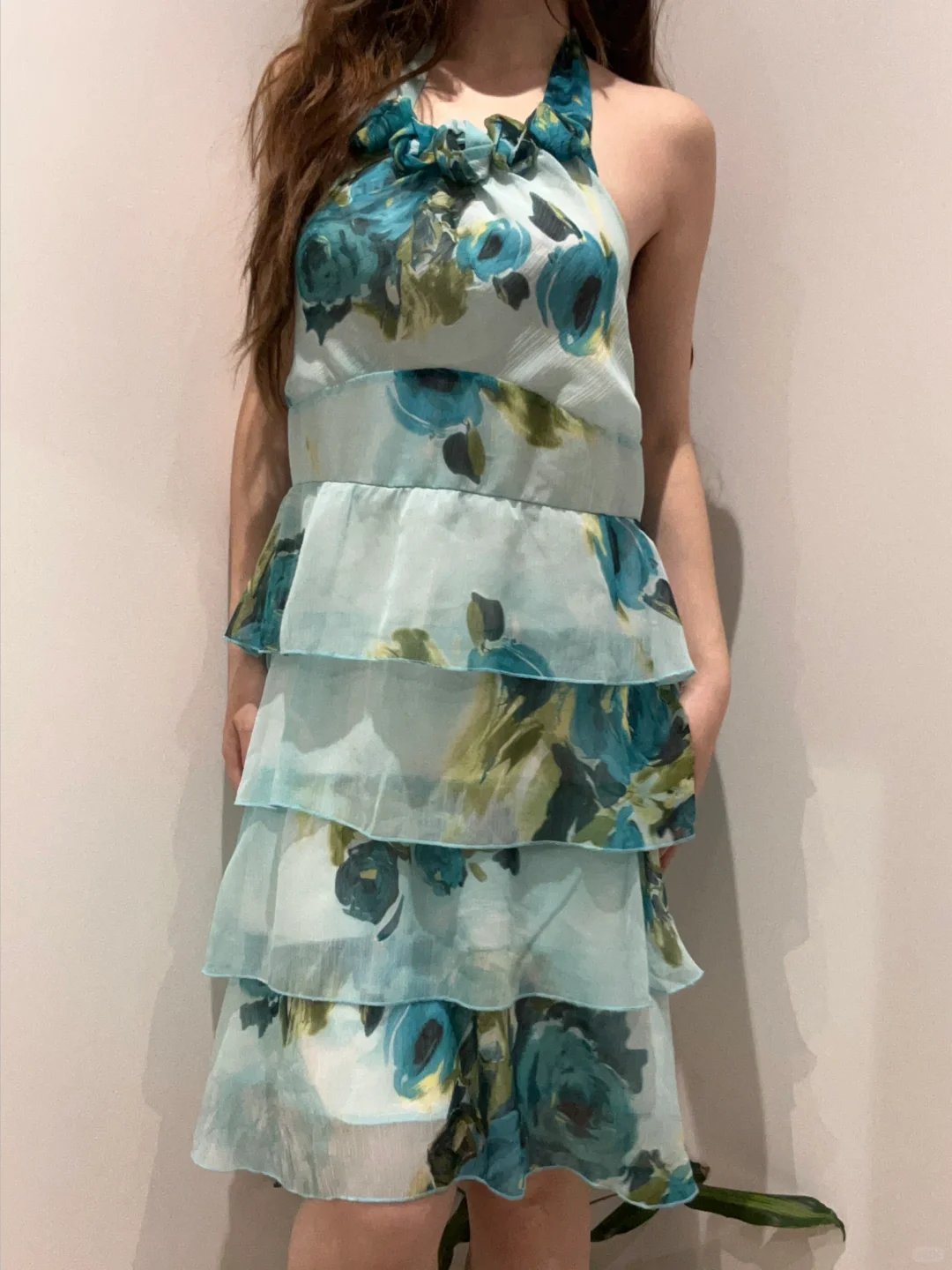 Light Teal Vintage Luxury Printed Halter Prom & Evening Party Dress gh8444