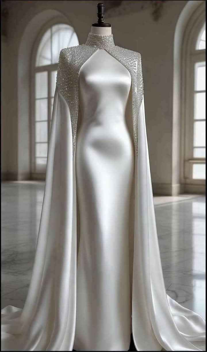 Luxuriöses, hochgeschlossenes Abendkleid im Queen-Stil mit Perlenbesatz und Cape-Ärmeln | Figurbetontes Maxikleid aus Satin mit Schleppe für Hochzeiten, Abendveranstaltungen und den roten Teppich gh6416