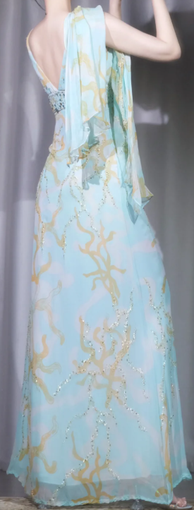 ✨Girlhomeshops-Light Mint Green V Neck Long Prom Gown Shoulder Bow Sash Coral Print Beaded Waist Chiffon Evening Dress gh10071