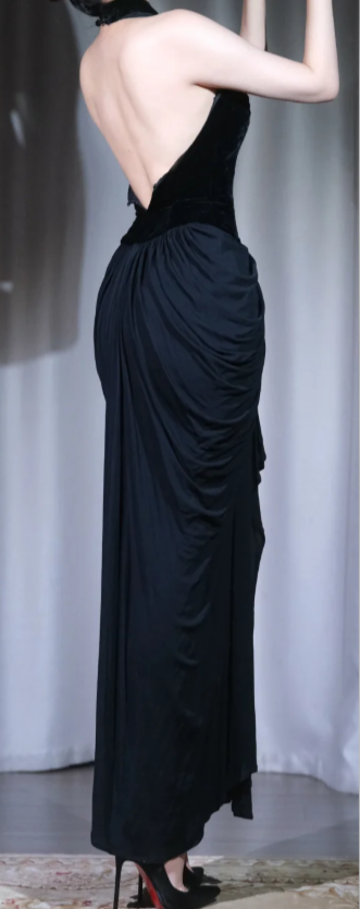 ✨Girlhomeshops-Black Halter Midi Evening Dress Velvet Ruched Draped Prom Gown gh9969