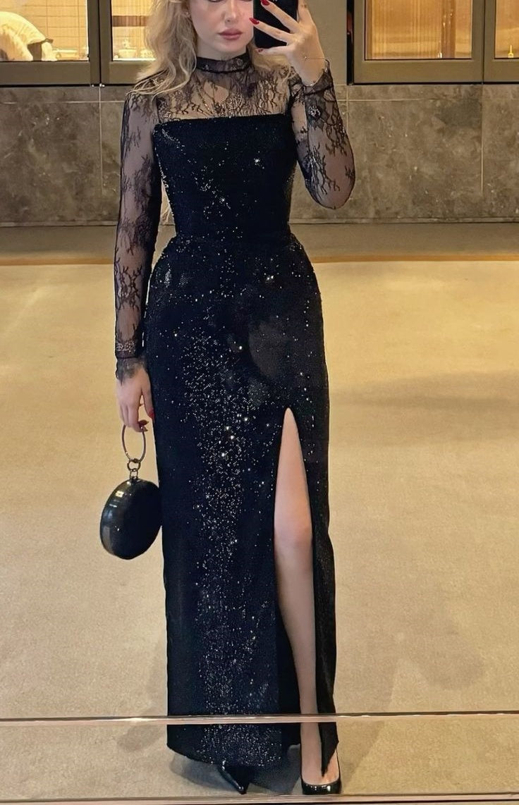 girlhomeshops - Robe de soirée noire à manches longues en dentelle et sequins gh6258