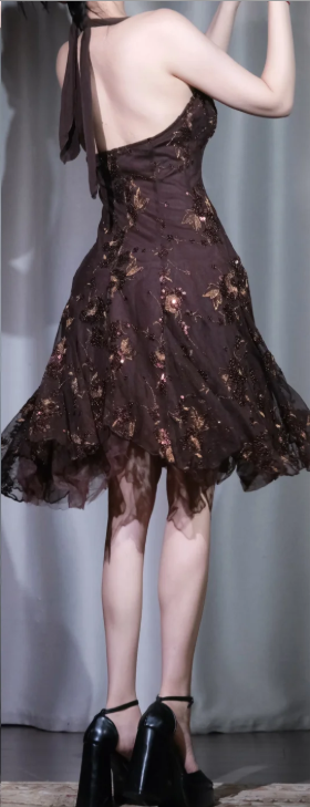 ✨Girlhomeshops-Brown Floral Beaded Halter Cocktail Dress, Short Sparkly Party Gown gh9916