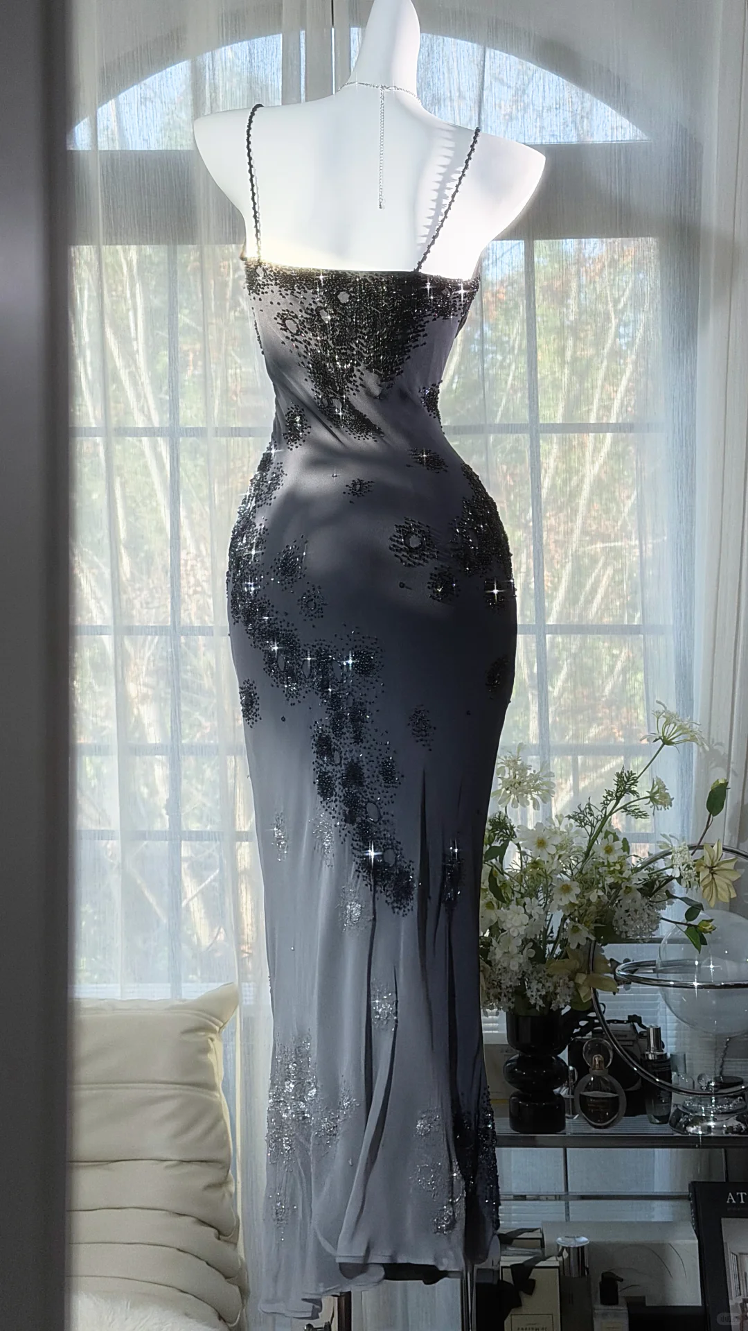 Black Gray Ombre Sweetheart Spaghetti Strap Starry Beaded Mermaid Midi Evening Dress with Chiffon Scarf gh9528
