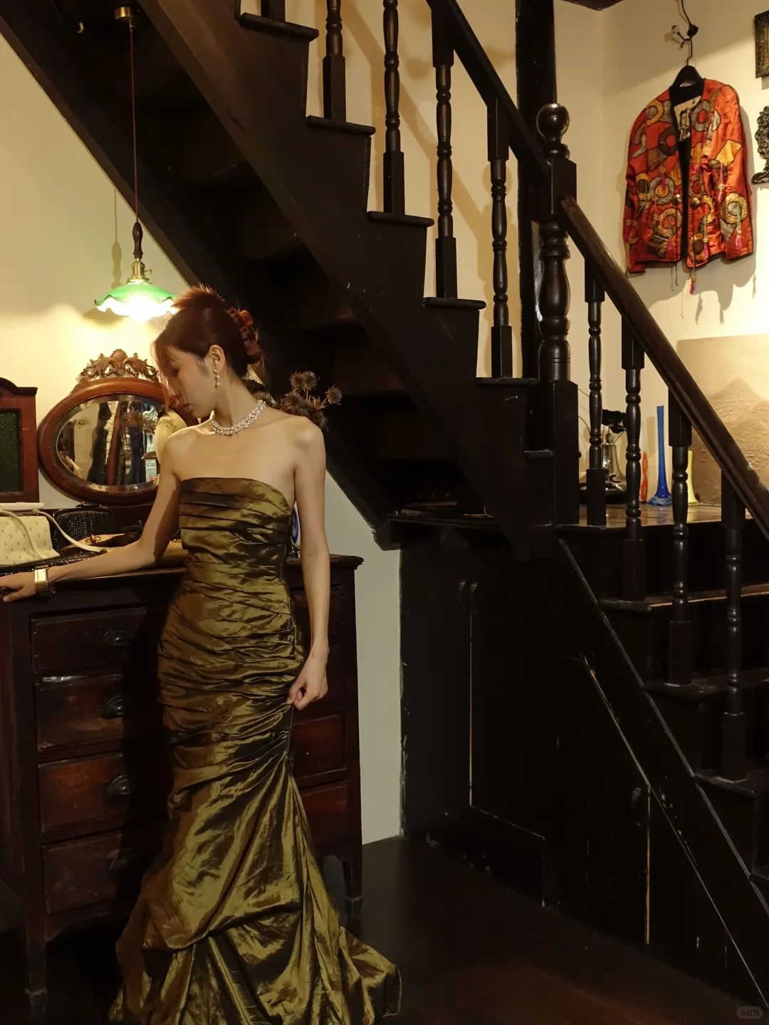 Bronze Metallic Strapless Mermaid Long Evening Gown Ruched Ruffle Prom Dress gh9863