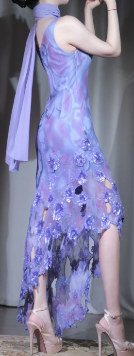 ✨Girlhomeshops-Lavender Ombre Party Dress One Shoulder 3D Sequin Floral Cutout Fringe Evening Gown gh10065
