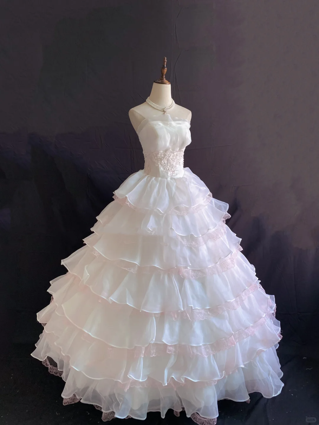Blush pink strapless romantic gown with fitted waist and fluffy tiered cake skirt, wedding dress & bridal gown gh8225