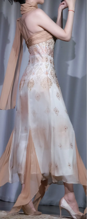 Nude Strapless Beaded Evening Dress, Ethnic Pattern Chiffon Gown with Shawl and Side Slit gh9912